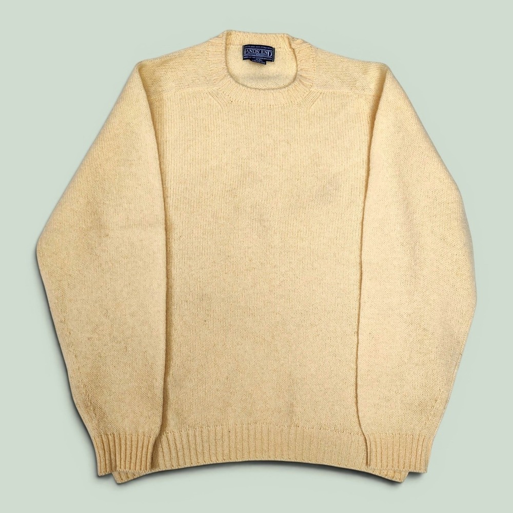 Vintage 80s Lands End Shetland Wool Sweater Butter Yellow XL Knit in UK Pullover